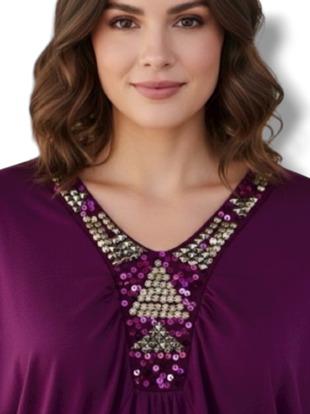 Charlotte Russe VTG Y2K Top Bohemian Purple Sequins Deep V-Ruched 3/4 Sleeve M 🍭